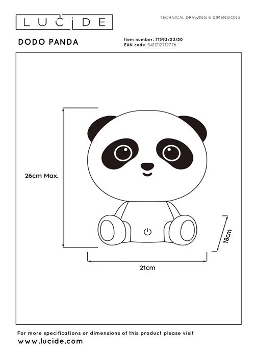 Lucide DODO PANDA - Tafellamp Kinderkamer - LED 3 StepDim - 1x3W 4000K - Zwart - technisch